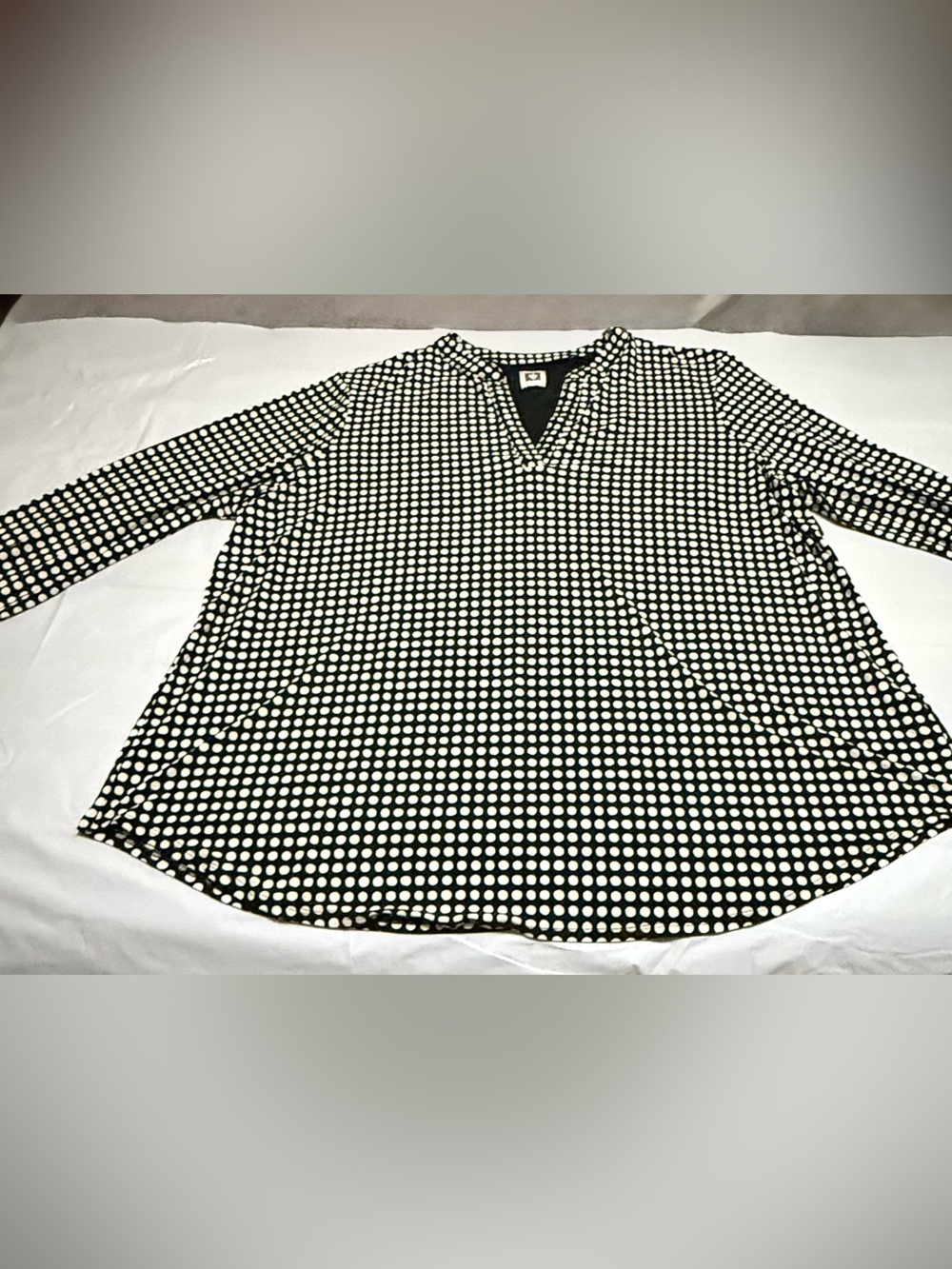 Anne Klein Black and White Polka Dot V-Neck Blouse